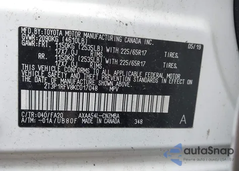 2019 Toyota Rav4 Xle из США, поврежденный, VIN 2T3P1RFV8KC017048